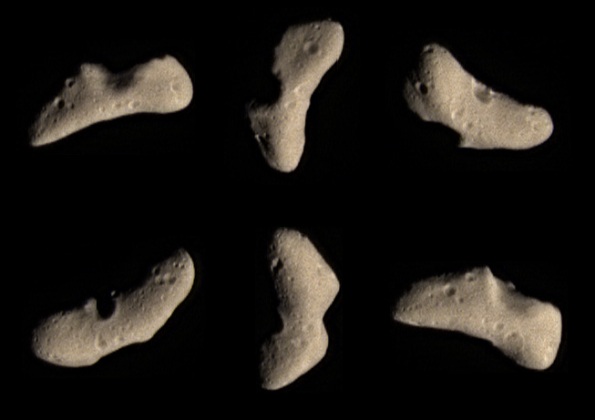 Six views of asteroid 433-Eros in February 2000. Images from NASA's NEAR-Shoemaker spacecraft.