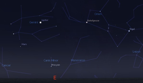 Jupiter and Mars with the rising winter constellations